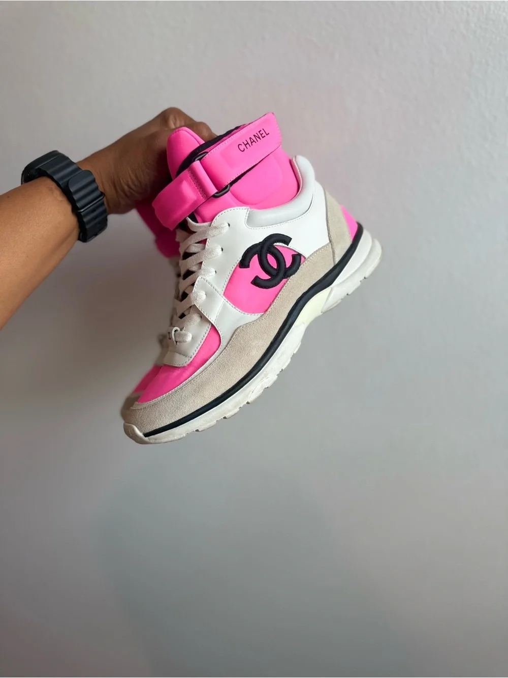 CHANEL Pink, White and Beige High-Top Sneakers